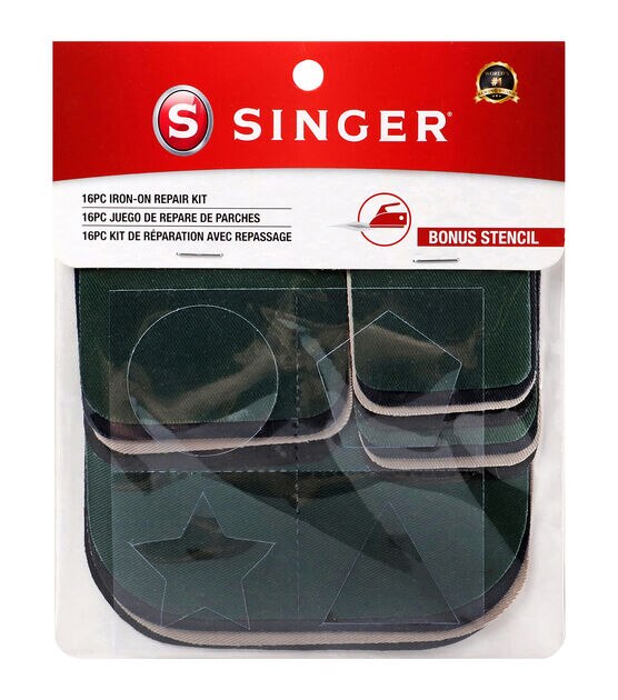 SINGER Fabric Iron-On Patches in Assorted Dark Colors and Sizes - 16 ct