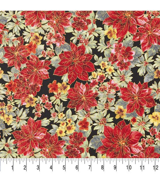 Poinsettias & Floral on Black Christmas Metallic Cotton Fabric, , hi-res, image 3