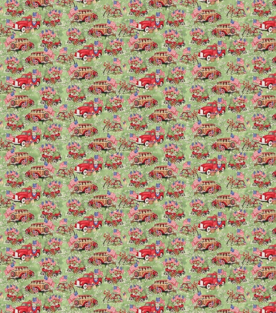 Red Trucks and Wagons Patriotic Cotton Fabric