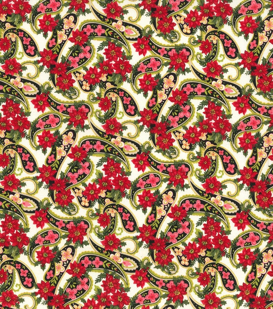 Fabric Traditions Glitter Paisley & Poinsettia Christmas Cotton Fabric, , hi-res, image 2