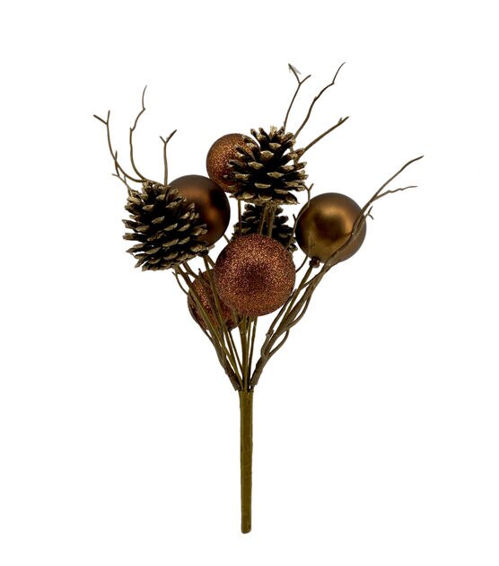 13" Christmas Bronze Glitter Bauble & Pinecone Bush by Bloom Room