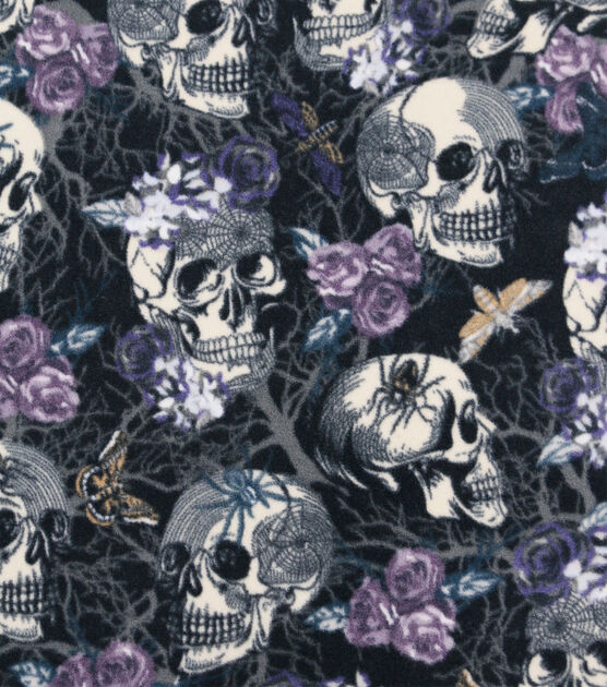 Purple & White Floral Skulls Anti Pill Fleece Fabric