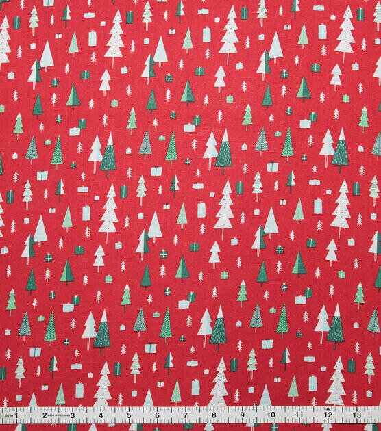 Green Trees on Red Christmas Cotton Fabric