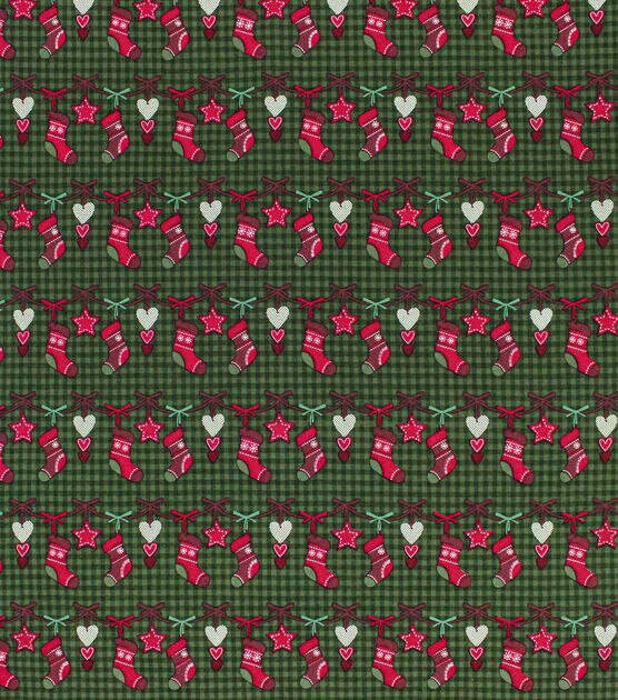 Stitched Stockings on Checks Christmas Cotton Fabric