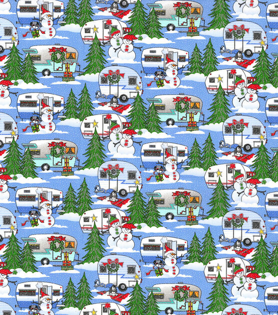 Fabric Traditions Glitter Snowmen Camp on Blue Christmas Cotton Fabric, , hi-res, image 2