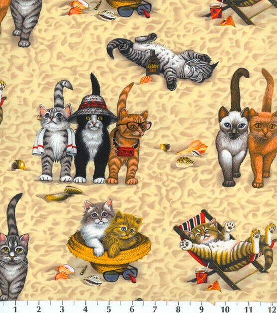 Novelty Cotton Fabric  Kittens At The Beach
