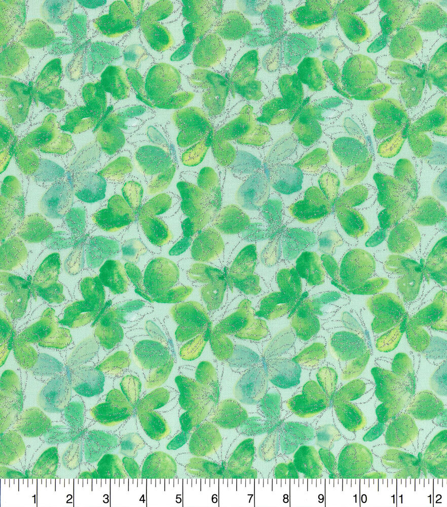 Butterflies Quilt Glitter Cotton Fabric by Keepsake Calico, Green, swatch, image 1