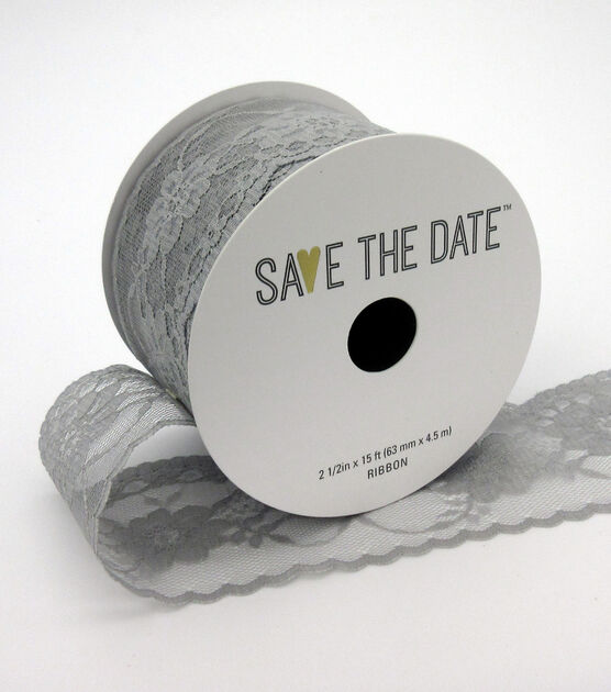 Save the Date 2.5"x15' Light Gray Lace Ribbon