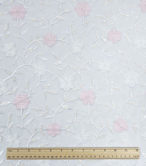 White Floral Embroidered Sequin Mesh Fabric by Sew Sweet, , hi-res, image 4