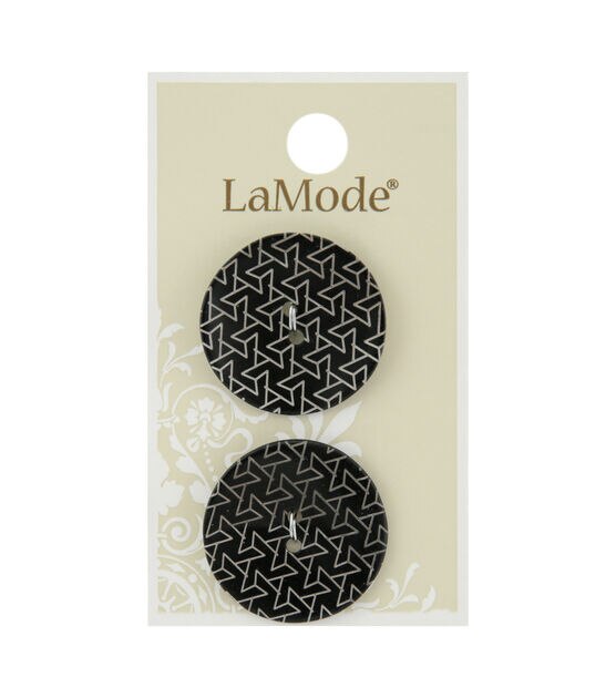 La Mode 1 1/8"Geometric on Black Agoya Shell 2 Hole Buttons 2pk