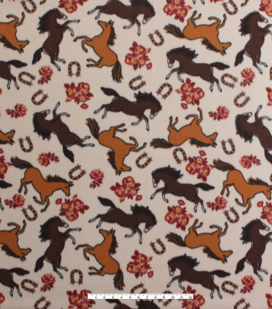 Horses & Flowers on Brown Blizzard Fleece Fabric, , hi-res, image 2