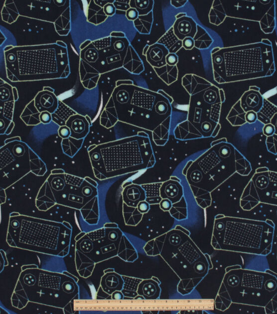 Blue Gaming on Black Anti Pill Fleece Fabric, , hi-res, image 2