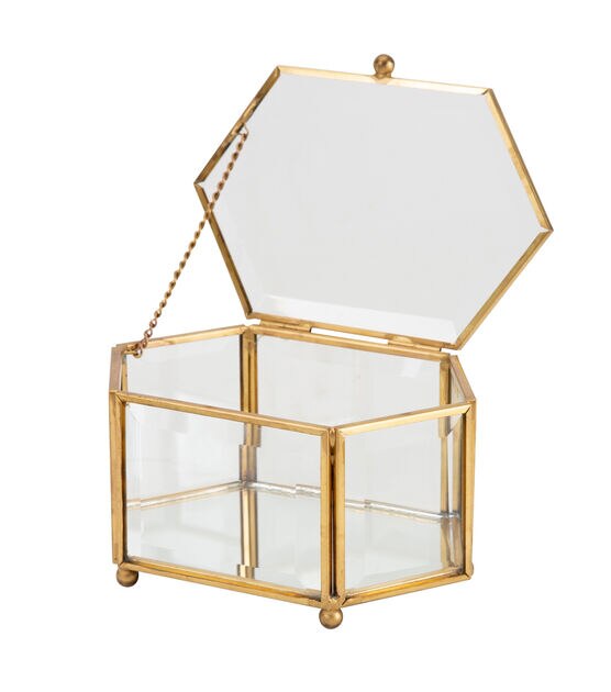 Home Details 5.5" x 4" Gold Vintage Mirrored Diamond Glass Keepsake Box, , hi-res, image 1