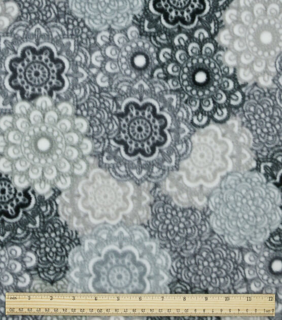 Gray & White Packed Medallions Anti Pill Fleece Fabric, , hi-res, image 3