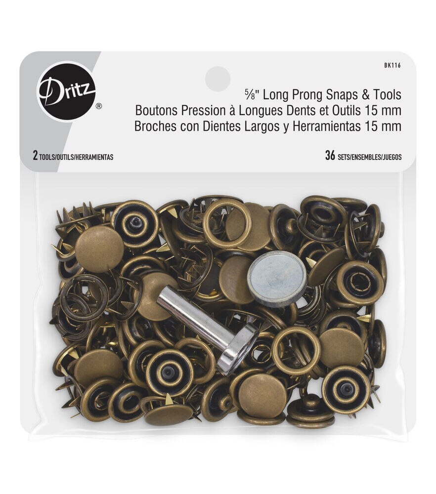 Dritz 5∕8" Long Prong Snaps & Tools, 36 Sets, Antique brass, Antique Brass, swatch