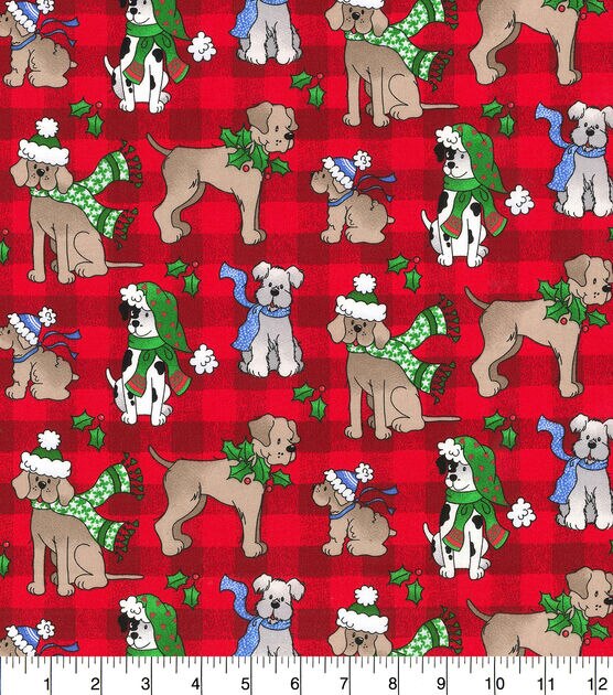 Fabric Traditions Pups on Red Plaid Christmas Cotton Fabric