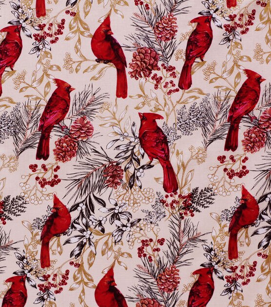 Red Cardinals in Trees Christmas Metallic Cotton Fabric