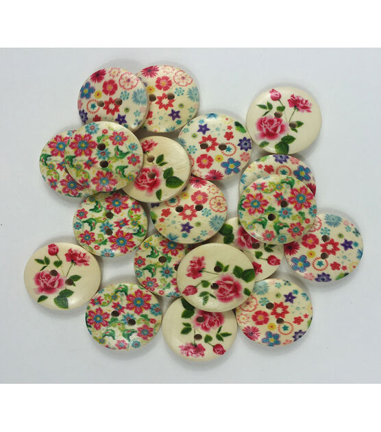 Organic Elements 3/4" Flowers Wood Printed 2 Hole Buttons 19ct