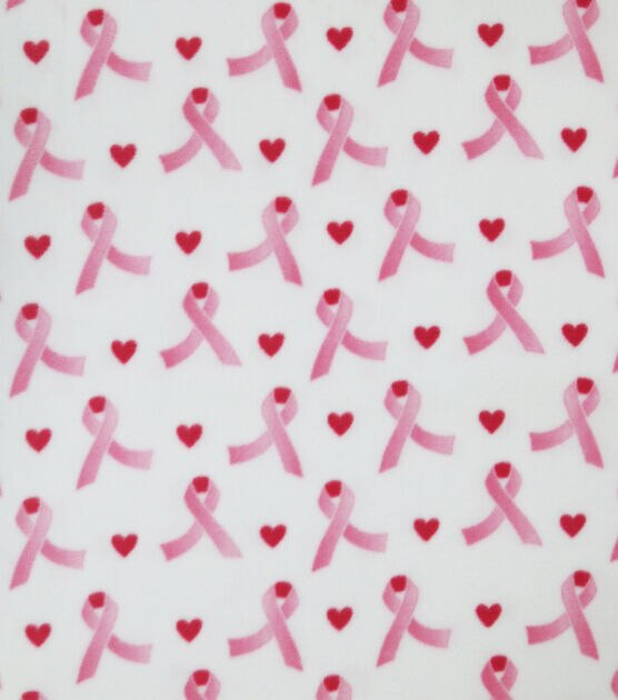 Pink Ribbons & Hearts on White Anti Pill Fleece Fabric