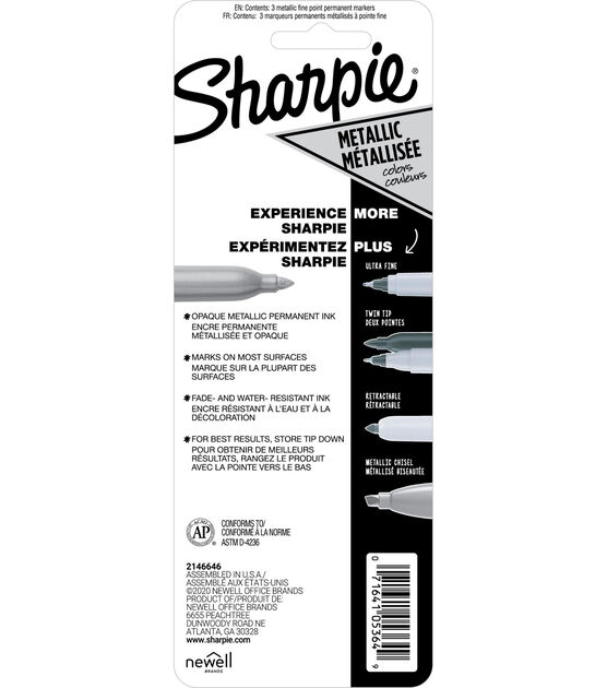 Sharpie Metallic Fine Point Permanent Markers 3 Pkg Gold, Silver