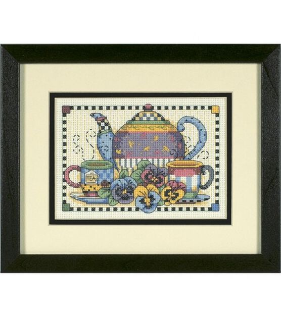 Dimensions 7" x 5" Teatime Pansies Counted Cross Stitch Kit