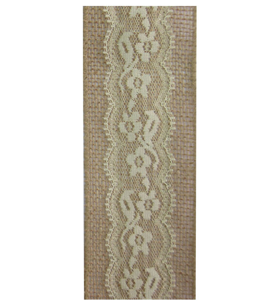 Decorative Ribbon 2.5''x12' Lace on Burlap Ivory, , hi-res, image 2