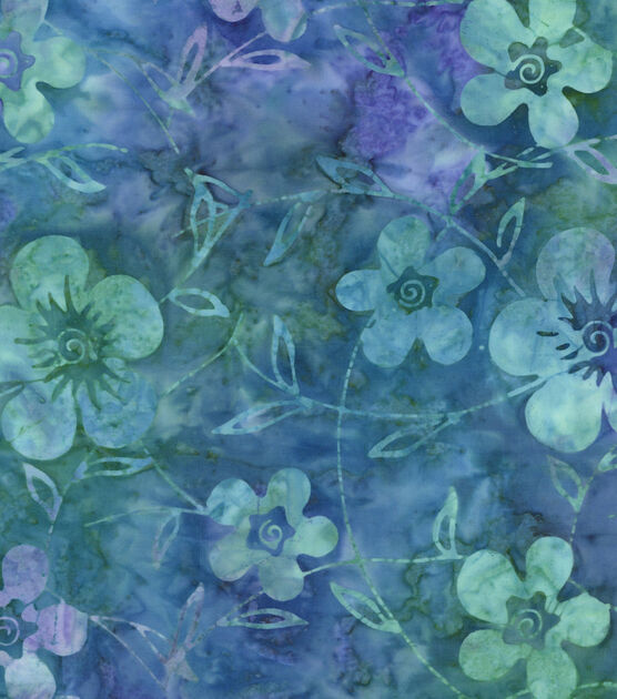 Indonesian Batik Cotton Fabric Floral Stems Blue Green, , hi-res, image 1