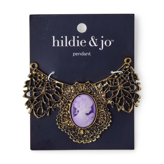 55mm x 30mm Gold Bib Filigree With Mauve Cameo Pendant by hildie & jo