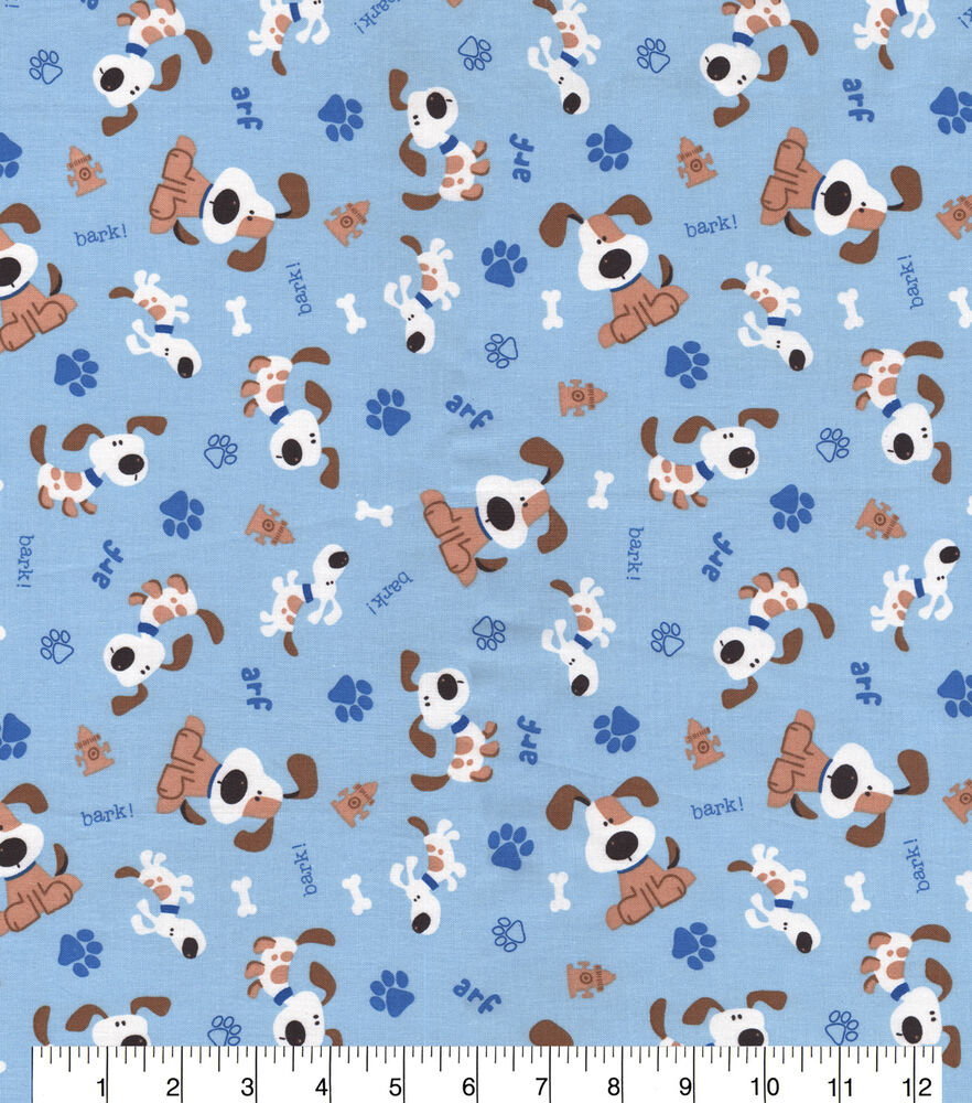 Dog Barking Novelty Cotton Fabric, Blue, swatch, image 1