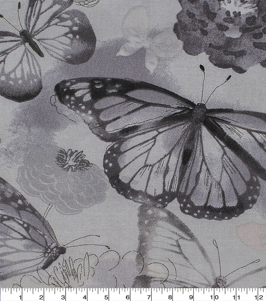 Butterfly Floral Cotton Fabric by Keepsake Calico, Gray, swatch