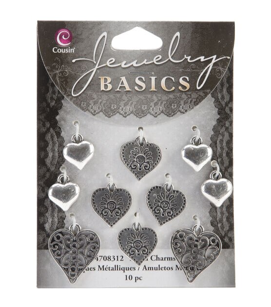 Jewelry Basics Metal Charms Silver Heart 10 Pkg