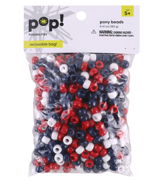 Pop! Possibilities 9mm Pony Beads - Red, White & Blue - Kids Pony Beads - Kids