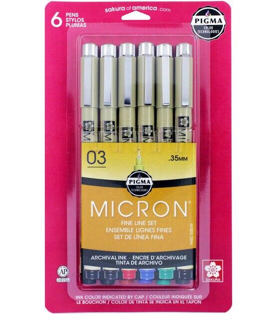 Pigma Micron 03 6 pk Fine Line Pens Black, Blue, Red, Green & Sepia