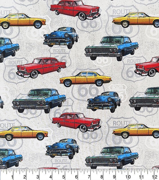 Route 66 Vintage Cars Novelty Cotton Fabric