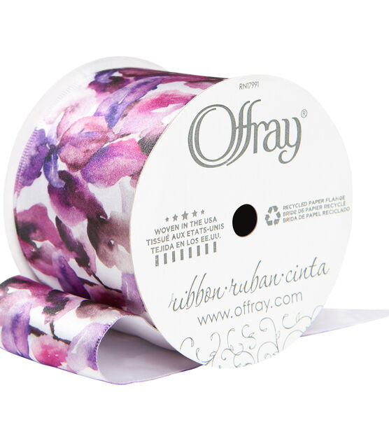 Offray 2.25"x9'Vivid Violet Floral Satin Wired Edge Ribbon Purple