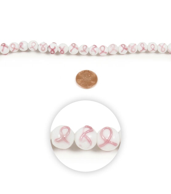 7" x 8mm Pink Cancer Ribbon Round Glass Bead Strand by hildie & jo