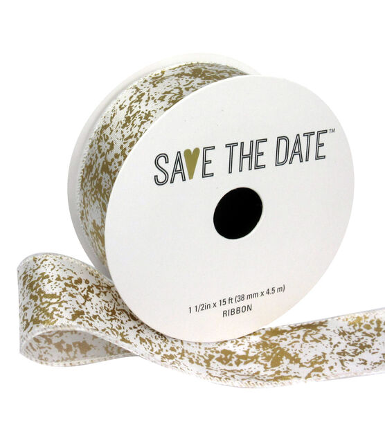 Save the Date 1.5" x 15' Gold Marble Pattern on White Ribbon