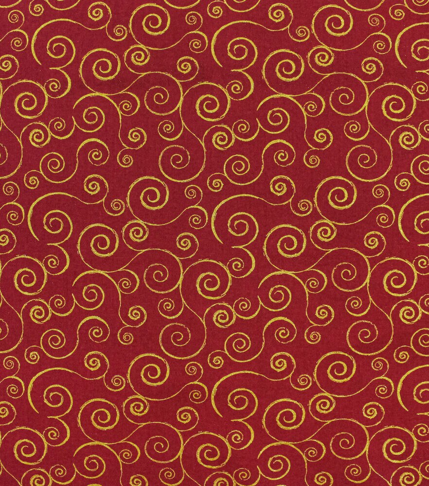 Scrolls Christmas Glitter Cotton Fabric, Red, swatch