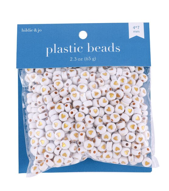 4mm x 7mm Gold Heart on White Plastic Beads 2.3oz by hildie & jo