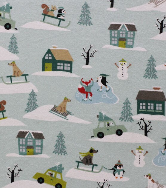 Animals in Snow on Gray Super Snuggle Christmas Flannel Fabric
