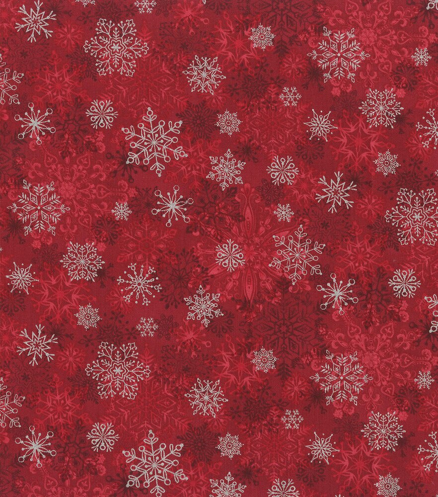 Hi Fashion Layered Snowflake Christmas Metallic Cotton Fabric, Red, swatch