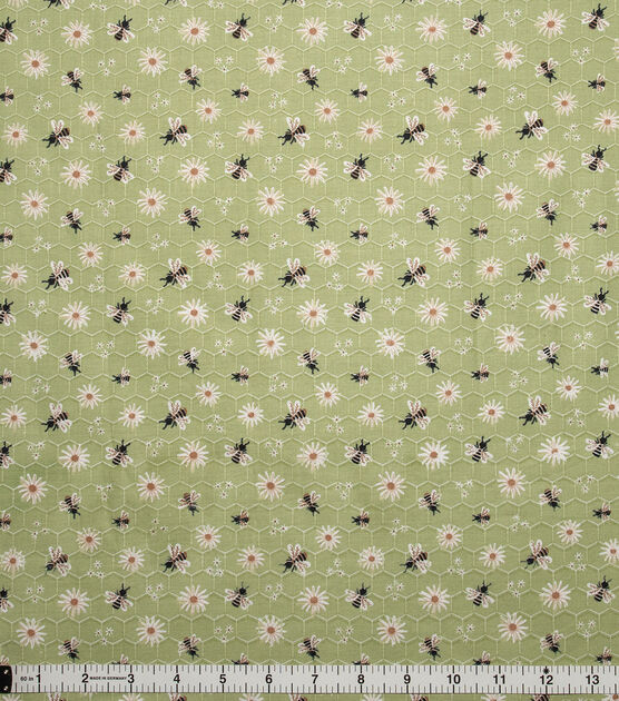 Bees And Flowers Green Organic Premium Cotton Fabric