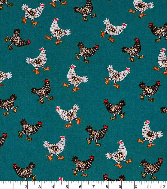 Novelty Cotton Fabric Pattern Chickens on Teal