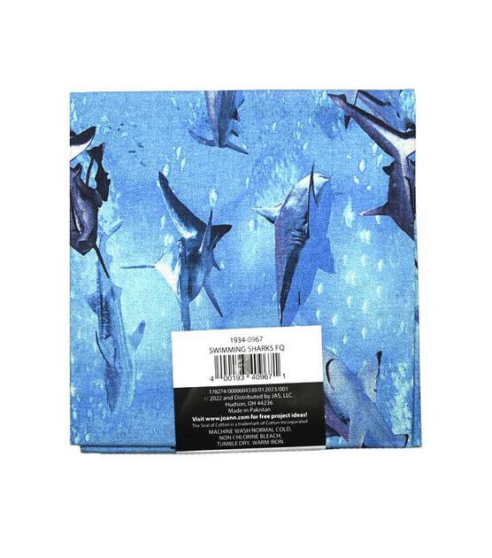 18" x 21" Blue Swimming Sharks Cotton Fabric Quarter 1 pc, , hi-res, image 2