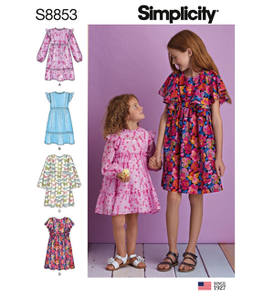 Simplicity S8853 Size 3 to 14 Children's & Girls' Dress Sewing Pattern, K5 (8-10-12-14-16), swatch