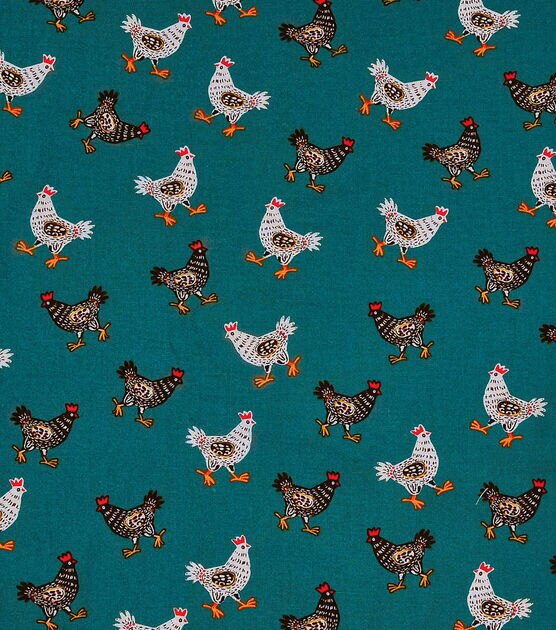 Novelty Cotton Fabric Pattern Chickens on Teal, , hi-res, image 2