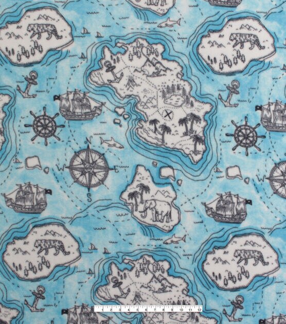Nautical Maps on Blue Anti Pill Fleece Fabric, , hi-res, image 2