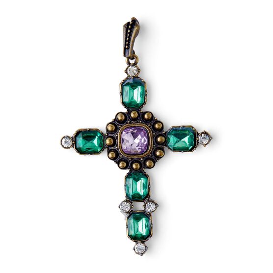 3.5" x 2" Cross Pendant With Green & Purple Stones by hildie & jo, , hi-res, image 2