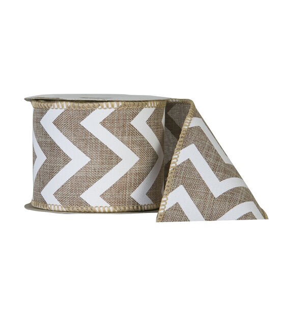 Offray 2.25"x9' Linen Chevron Wired Edge Ribbon Natural, , hi-res, image 1