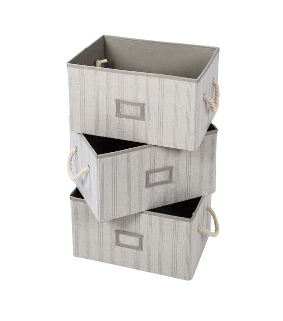 Gray Stripes Folding Large Fabric Storage Bins with Handles (Set of 3)